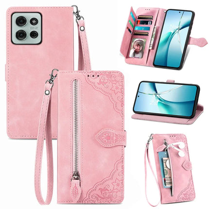 For Motorola Moto G75 5G Zipper Wallet Case Flower Imprint PU Leather Phone Cover with Strap - Pink