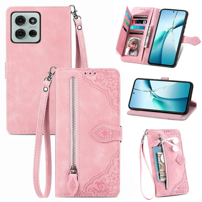 For Motorola Moto G75 5G Zipper Wallet Case Flower Imprint PU Leather Phone Cover with Strap - Pink