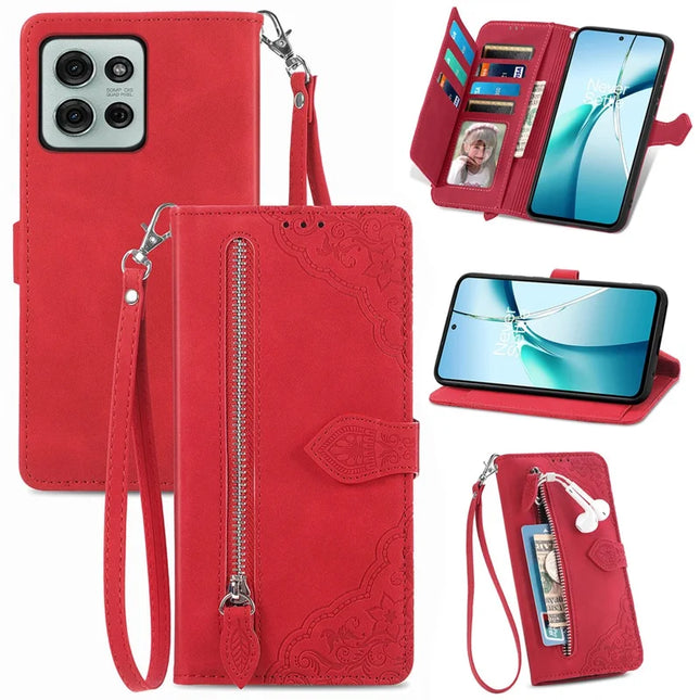 For Motorola Moto G75 5G Zipper Wallet Case Flower Imprint PU Leather Phone Cover with Strap - Red