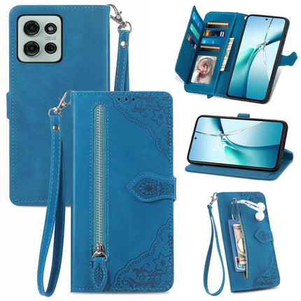 For Motorola Moto G75 5G Zipper Wallet Case Flower Imprint PU Leather Phone Cover with Strap - Blue