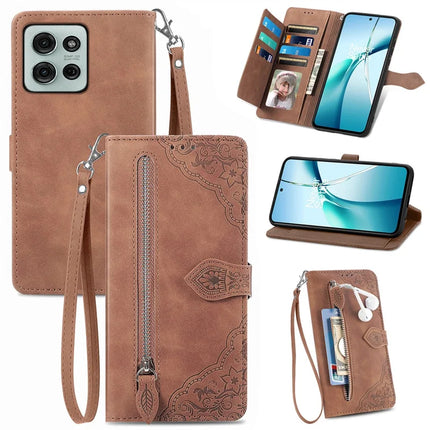 For Motorola Moto G75 5G Zipper Wallet Case Flower Imprint PU Leather Phone Cover with Strap - Brown