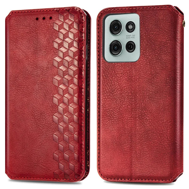 For Motorola Moto G75 5G PU Leather Case Rhombus Imprint Wallet Stand Phone Cover - Red
