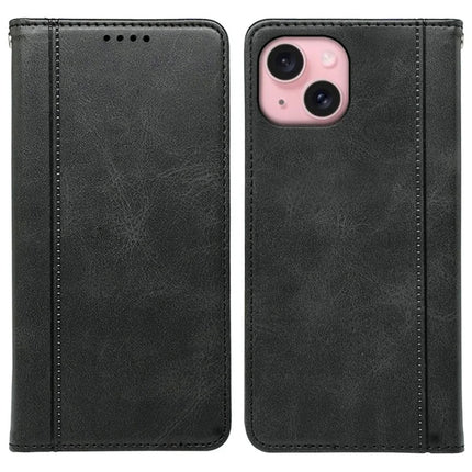 For iPhone 14 Case Hidden Magnetic Closure Calf Texture Leather Phone Cover - Black