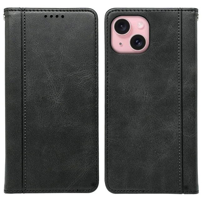 For iPhone 14 Case Hidden Magnetic Closure Calf Texture Leather Phone Cover - Black