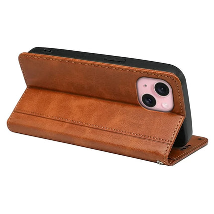 For iPhone 14 Case Hidden Magnetic Closure Calf Texture Leather Phone Cover