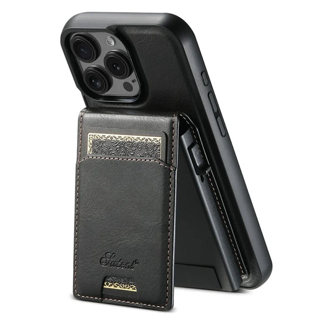 SUTENI H19 For iPhone 16 Pro Max Magnetic Case Waxy Texture Card Slots Leather Back Phone Cover - Black