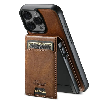 SUTENI H19 For iPhone 16 Pro Max Magnetic Case Waxy Texture Card Slots Leather Back Phone Cover - Brown