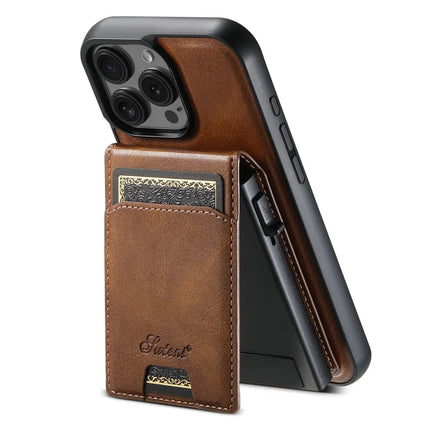 SUTENI H19 For iPhone 16 Pro Magnetic Case Waxy Texture Card Slots Leather Back Phone Cover - Brown