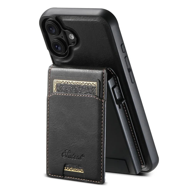 SUTENI H19 For iPhone 16 Plus Magnetic Case Waxy Texture Card Slots Leather Back Phone Cover - Black