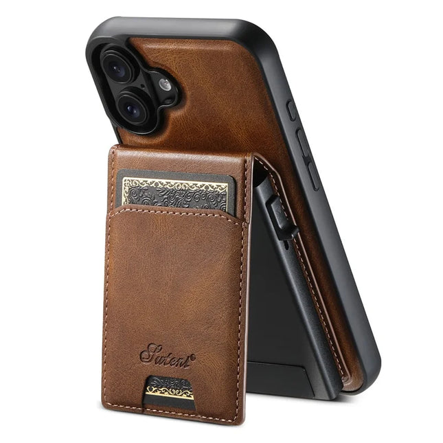 SUTENI H19 For iPhone 16 Plus Magnetic Case Waxy Texture Card Slots Leather Back Phone Cover - Brown
