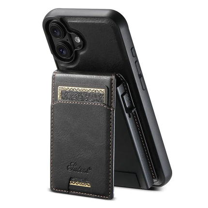 SUTENI H19 For iPhone 16 Magnetic Case Waxy Texture Card Slots Leather Back Phone Cover - Black