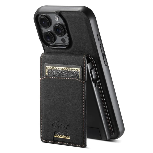 SUTENI H19 For iPhone 16 Pro Max Magnetic Case Card Holder Kickstand Litchi Texture Leather Back Cover - Black