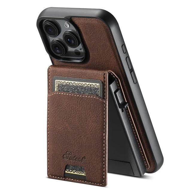 SUTENI H19 For iPhone 16 Pro Max Magnetic Case Card Holder Kickstand Litchi Texture Leather Back Cover - Brown