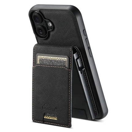 SUTENI H19 For iPhone 16 Plus Magnetic Case Card Holder Kickstand Litchi Texture Leather Back Cover - Black