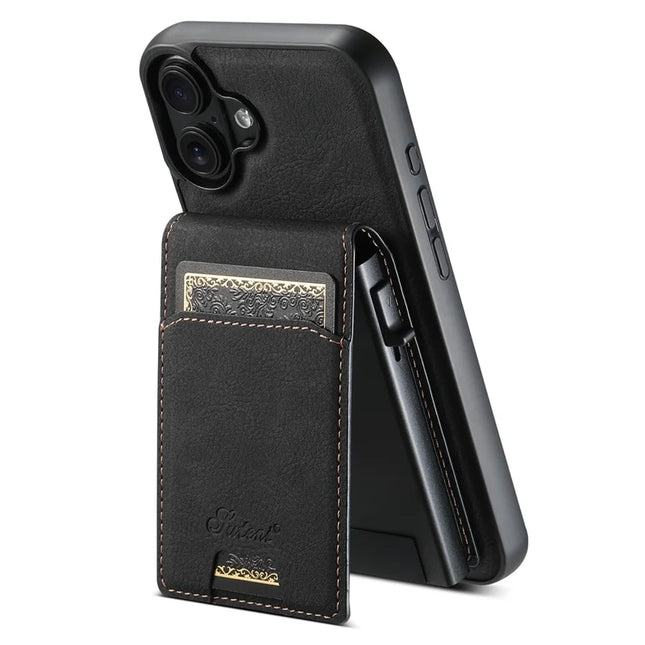 SUTENI H19 For iPhone 16 Plus Magnetic Case Card Holder Kickstand Litchi Texture Leather Back Cover - Black