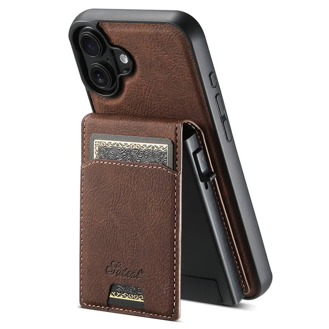SUTENI H19 For iPhone 16 Plus Magnetic Case Card Holder Kickstand Litchi Texture Leather Back Cover - Brown