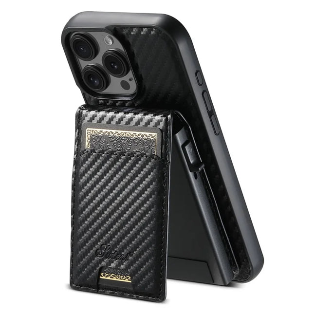 SUTENI H19 For iPhone 16 Pro Max Magnetic Case Carbon Fiber Texture Leather Back Cover with Card Bag