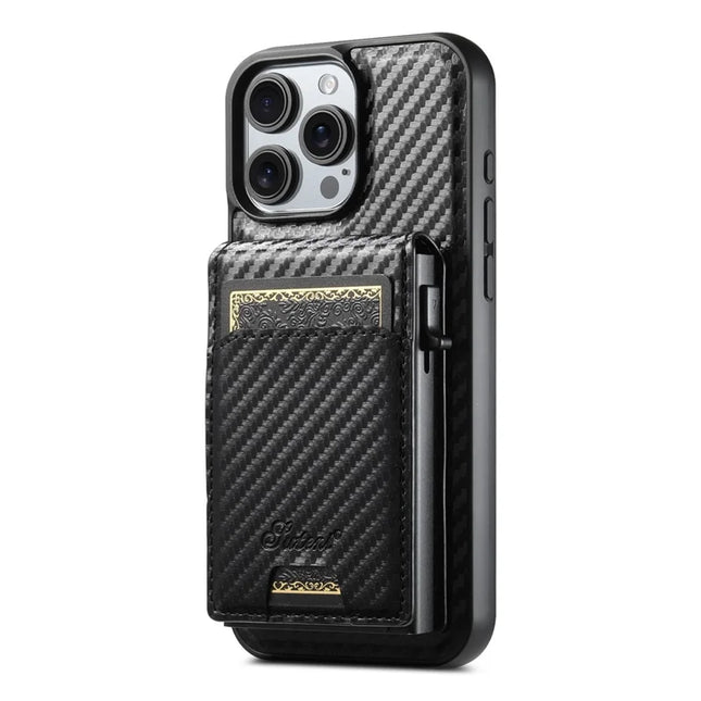 SUTENI H19 For iPhone 16 Pro Max Magnetic Case Carbon Fiber Texture Leather Back Cover with Card Bag