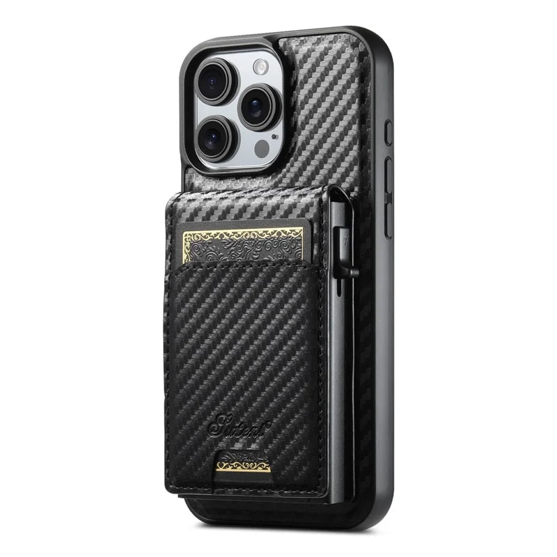ShopCaseCart Premium Kickstand iPhone 16 Pro Max Snap-on Protective cover Carbon Fiber Texture Leather Back Guard with Card Bag