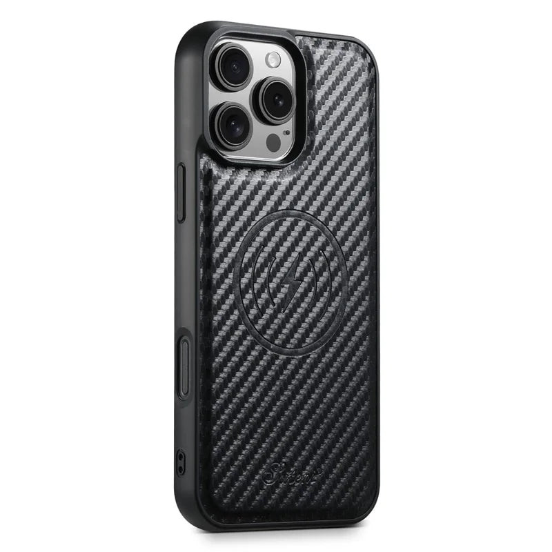 ShopCaseCart Premium Kickstand iPhone 16 Pro Max Snap-on Protective cover Carbon Fiber Texture Leather Back Guard with Card Bag