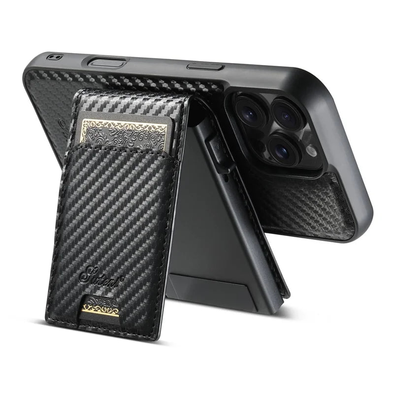 ShopCaseCart Premium Kickstand iPhone 16 Pro Max Snap-on Protective cover Carbon Fiber Texture Leather Back Guard with Card Bag