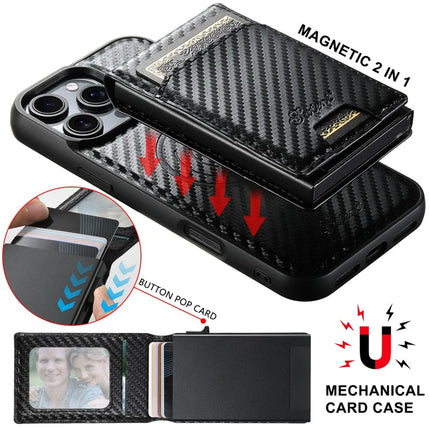 SUTENI H19 For iPhone 16 Pro Max Magnetic Case Carbon Fiber Texture Leather Back Cover with Card Bag