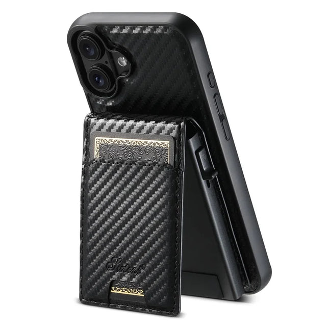 SUTENI H19 For iPhone 16 Plus Magnetic Case Carbon Fiber Texture Leather Back Cover with Card Bag
