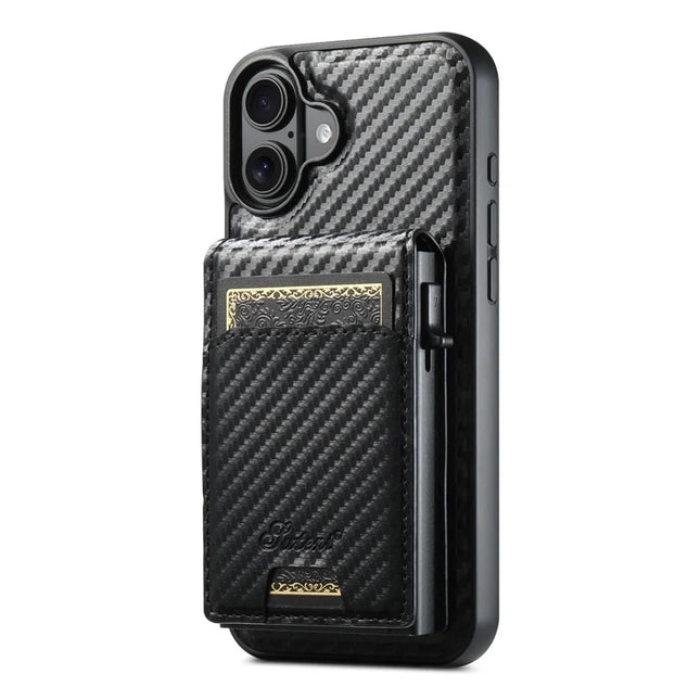 SUTENI H19 For iPhone 16 Plus Magnetic Case Carbon Fiber Texture Leather Back Cover with Card Bag