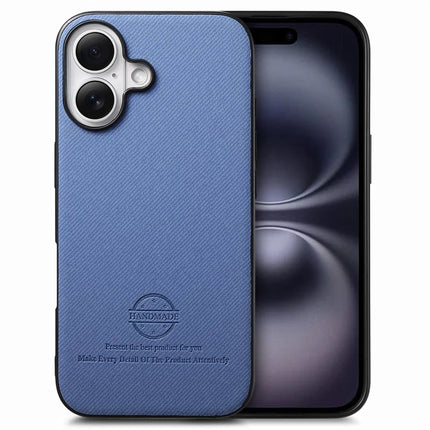 For iPhone 16 Case Cloth Texture Leather+PC+TPU Anti-Drop Phone Cover - Blue