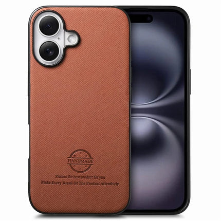 For iPhone 16 Case Cloth Texture Leather+PC+TPU Anti-Drop Phone Cover - Brown