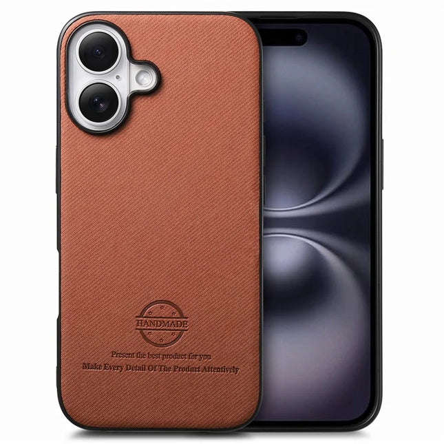 For iPhone 16 Case Cloth Texture Leather+PC+TPU Anti-Drop Phone Cover - Brown
