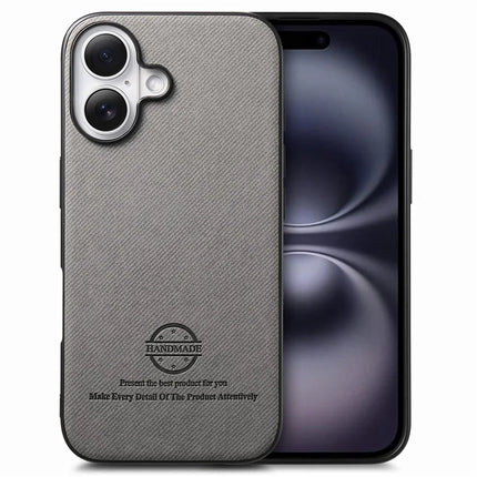 For iPhone 16 Case Cloth Texture Leather+PC+TPU Anti-Drop Phone Cover - Grey