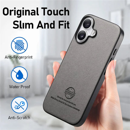 For iPhone 16 Case Cloth Texture Leather+PC+TPU Anti-Drop Phone Cover