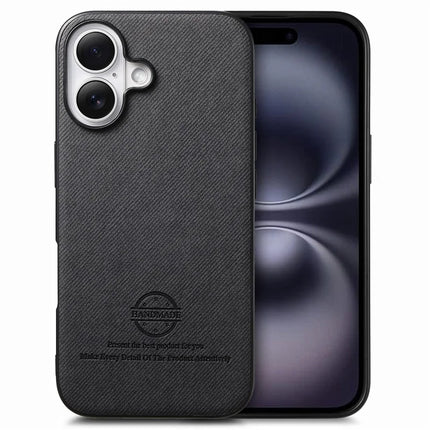 For iPhone 16 Case Cloth Texture Leather+PC+TPU Anti-Drop Phone Cover - Black