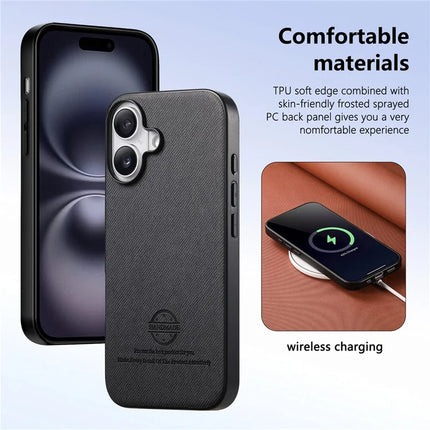 For iPhone 16 Case Cloth Texture Leather+PC+TPU Anti-Drop Phone Cover