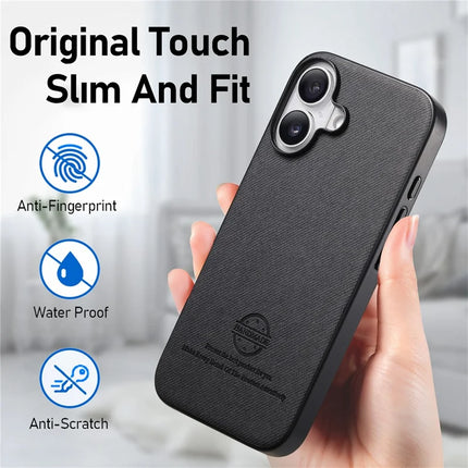 For iPhone 16 Case Cloth Texture Leather+PC+TPU Anti-Drop Phone Cover