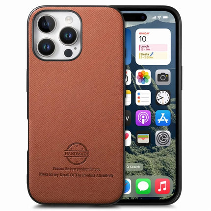 For iPhone 16 Pro Case Cloth Texture Leather+PC+TPU Anti-Drop Phone Cover - Brown