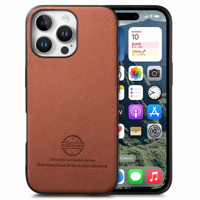 For iPhone 16 Pro Case Cloth Texture Leather+PC+TPU Anti-Drop Phone Cover - Brown