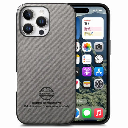 For iPhone 16 Pro Case Cloth Texture Leather+PC+TPU Anti-Drop Phone Cover - Grey