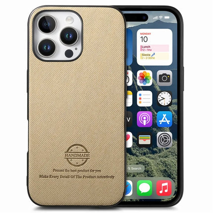 For iPhone 16 Pro Case Cloth Texture Leather+PC+TPU Anti-Drop Phone Cover - Khaki