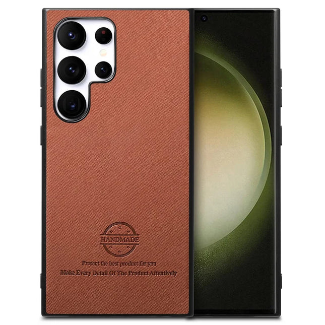 For Samsung Galaxy S23 Ultra Case Cloth Texture Leather+PC+TPU Anti-Drop Phone Cover - Brown