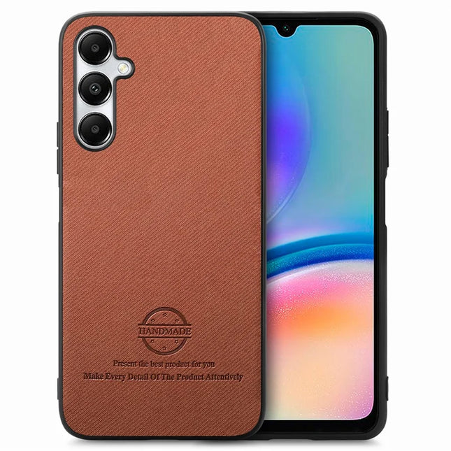 For Samsung Galaxy A05s 4G Case Cloth Texture Leather+PC+TPU Anti-Drop Phone Cover - Brown