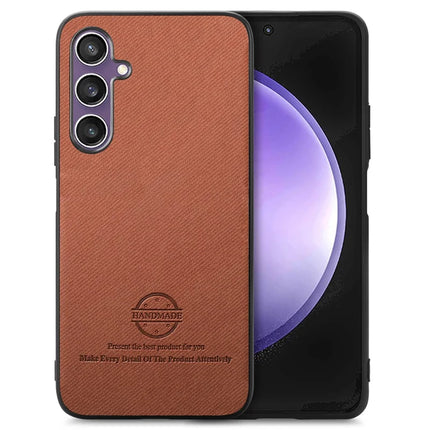 For Samsung Galaxy S23 FE Case Cloth Texture Leather+PC+TPU Anti-Drop Phone Cover - Brown