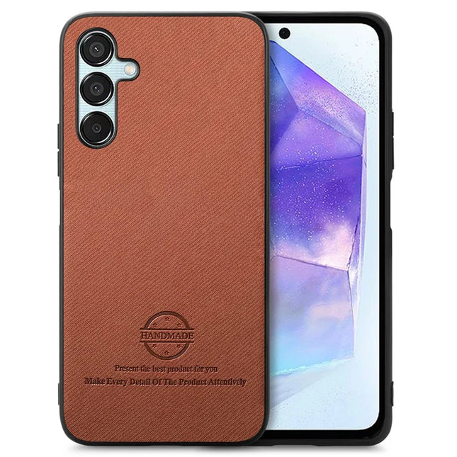 For Samsung Galaxy A55 5G Case Cloth Texture Leather+PC+TPU Anti-Drop Phone Cover - Brown