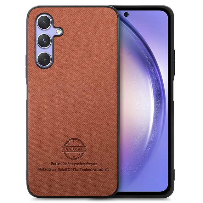For Samsung Galaxy A54 5G Case Cloth Texture Leather+PC+TPU Anti-Drop Phone Cover - Brown