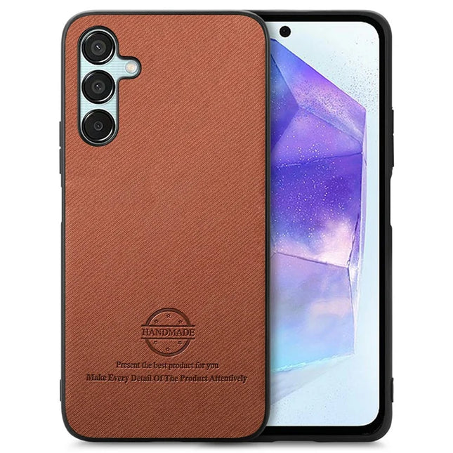 For Samsung Galaxy A15 4G / 5G Case Cloth Texture Leather+PC+TPU Anti-Drop Phone Cover - Brown