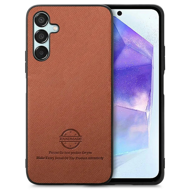 For Samsung Galaxy A35 5G Case Cloth Texture Leather+PC+TPU Anti-Drop Phone Cover - Brown