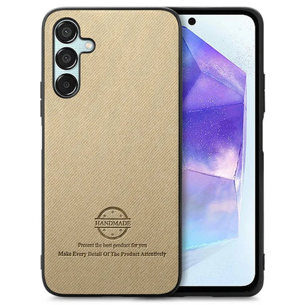 For Samsung Galaxy A35 5G Case Cloth Texture Leather+PC+TPU Anti-Drop Phone Cover - Khaki
