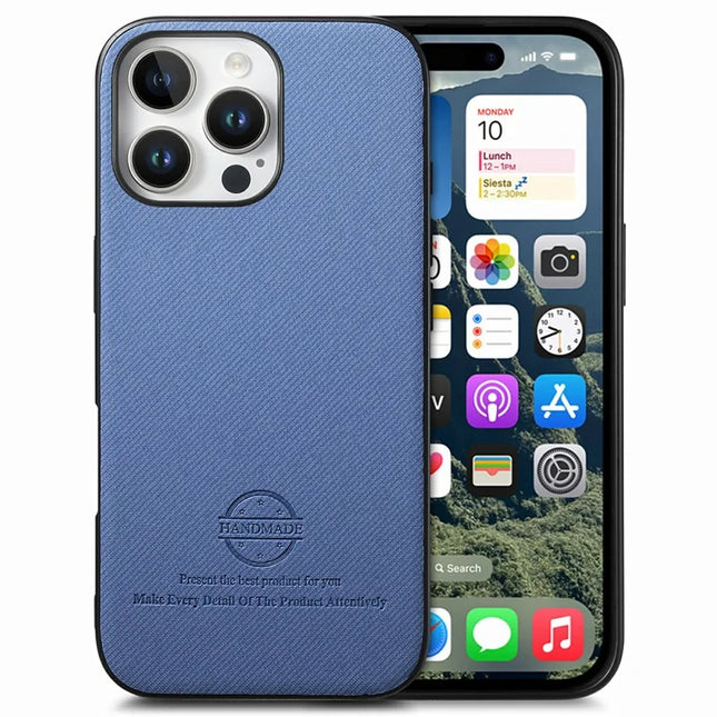 For iPhone 16 Pro Max Case Cloth Texture Leather+PC+TPU Anti-Drop Phone Cover - Blue