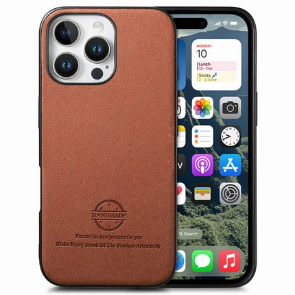 For iPhone 16 Pro Max Case Cloth Texture Leather+PC+TPU Anti-Drop Phone Cover - Brown